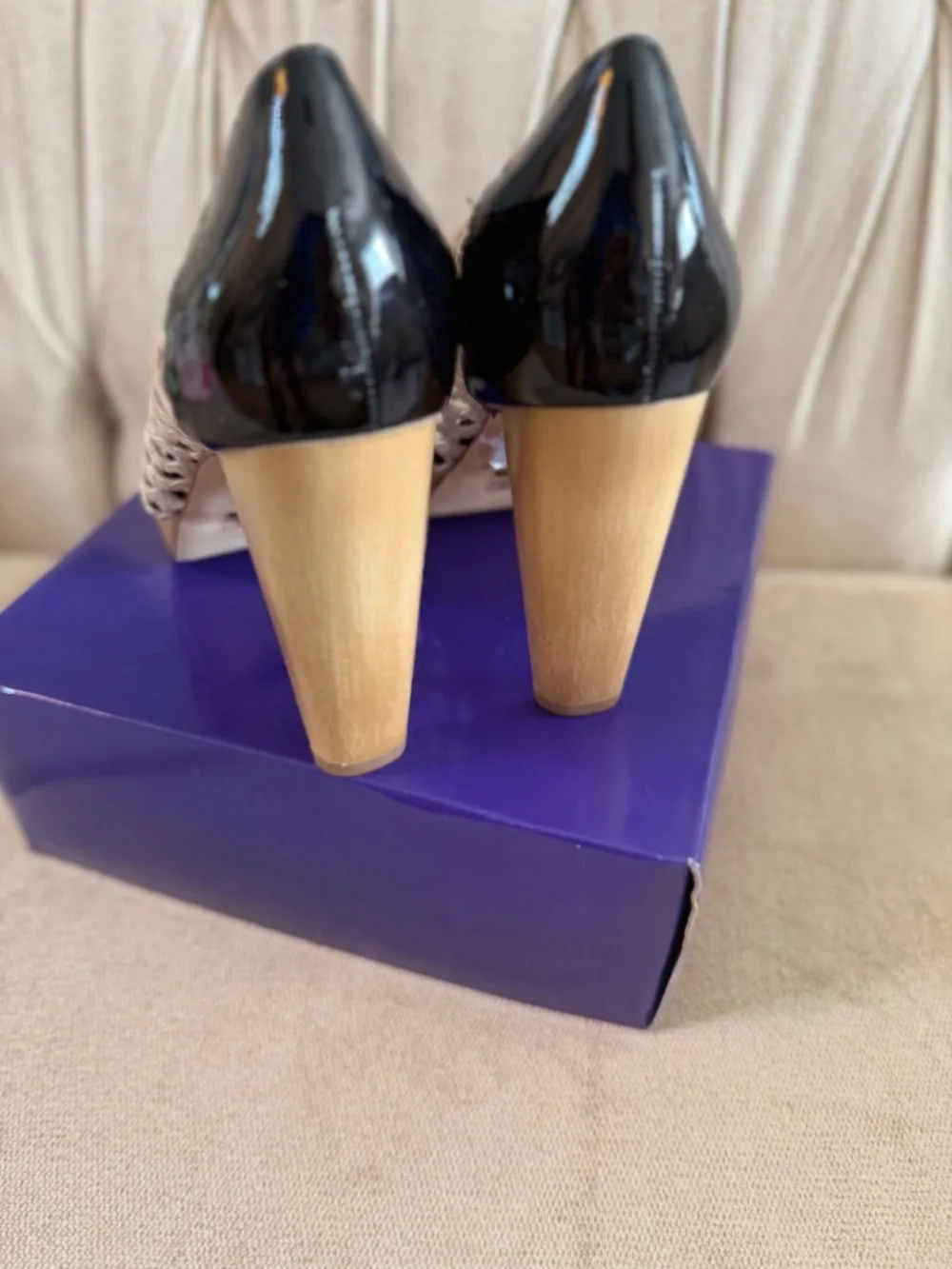 Cole Haan black patent leather woven platform heels
